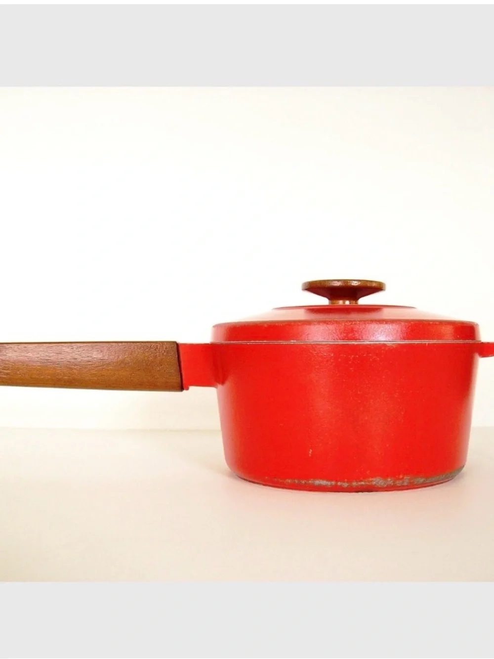MID-CENTURY MODERN Red Saucepan with Teak Wood Handles MCM Vintage Cookware Pot